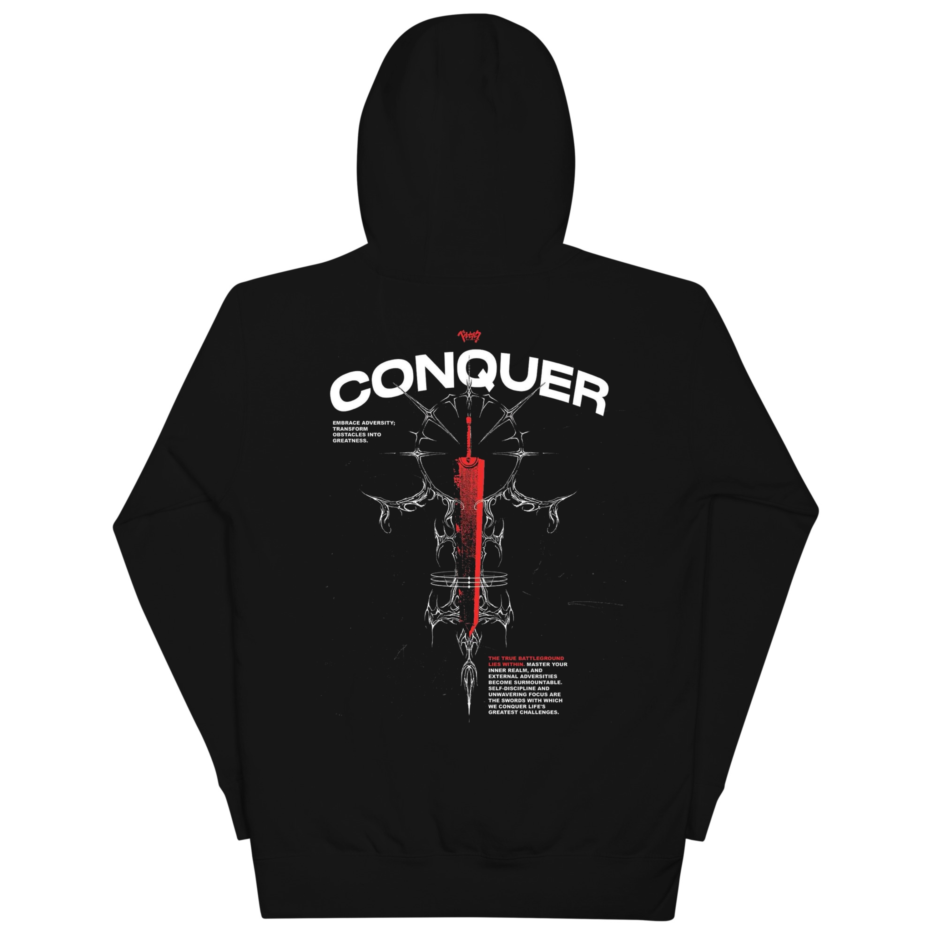 Conquer Motivational Urban Upper Hoodie - Black with Sword Cross Design