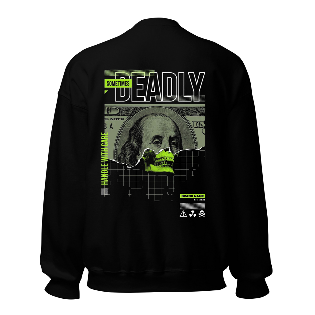 Deadly Money Skull Sweatshirt - Black Crewneck with Neon Green Design
