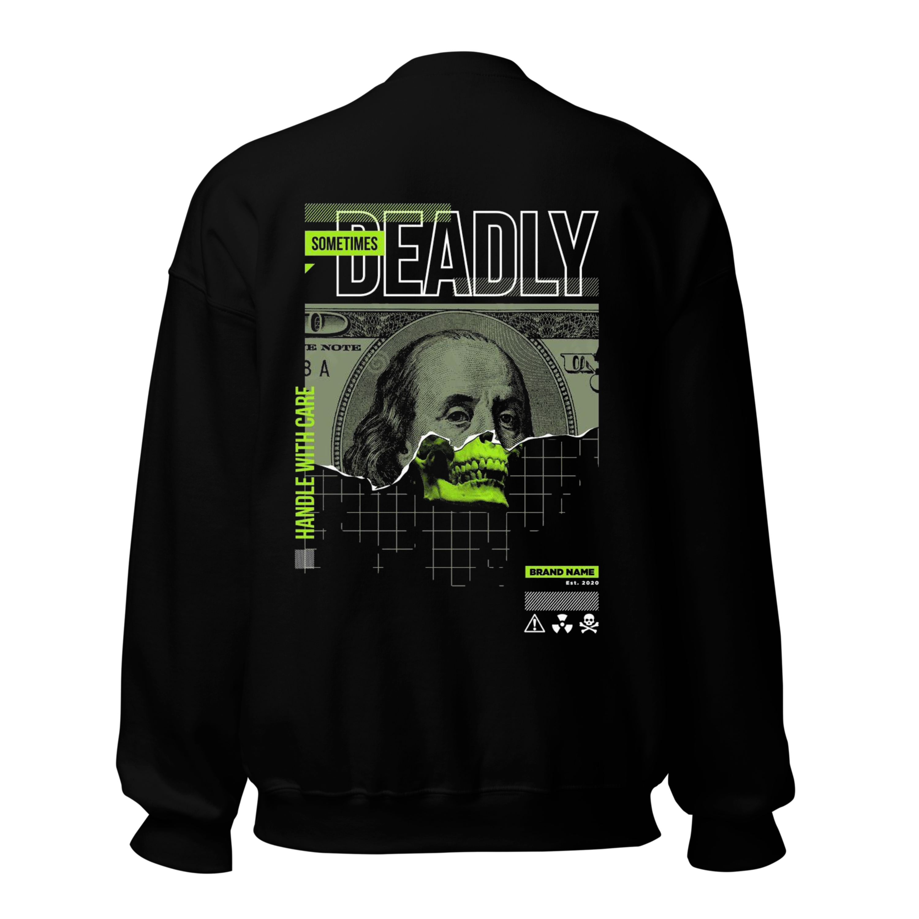 Deadly Money Skull Sweatshirt - Black Crewneck with Neon Green Design