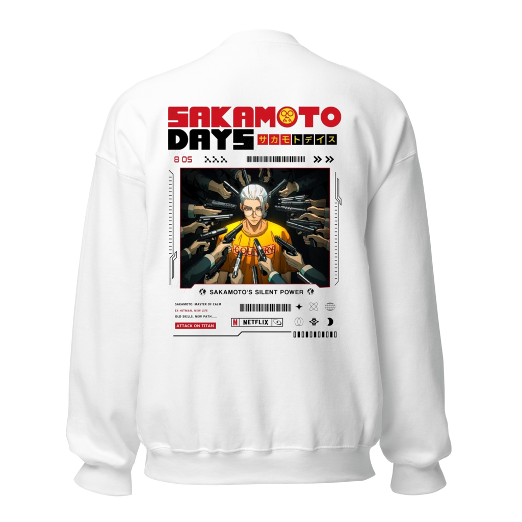 Sakamoto Days Anime Sweatshirt - White Crewneck with Character Card Design