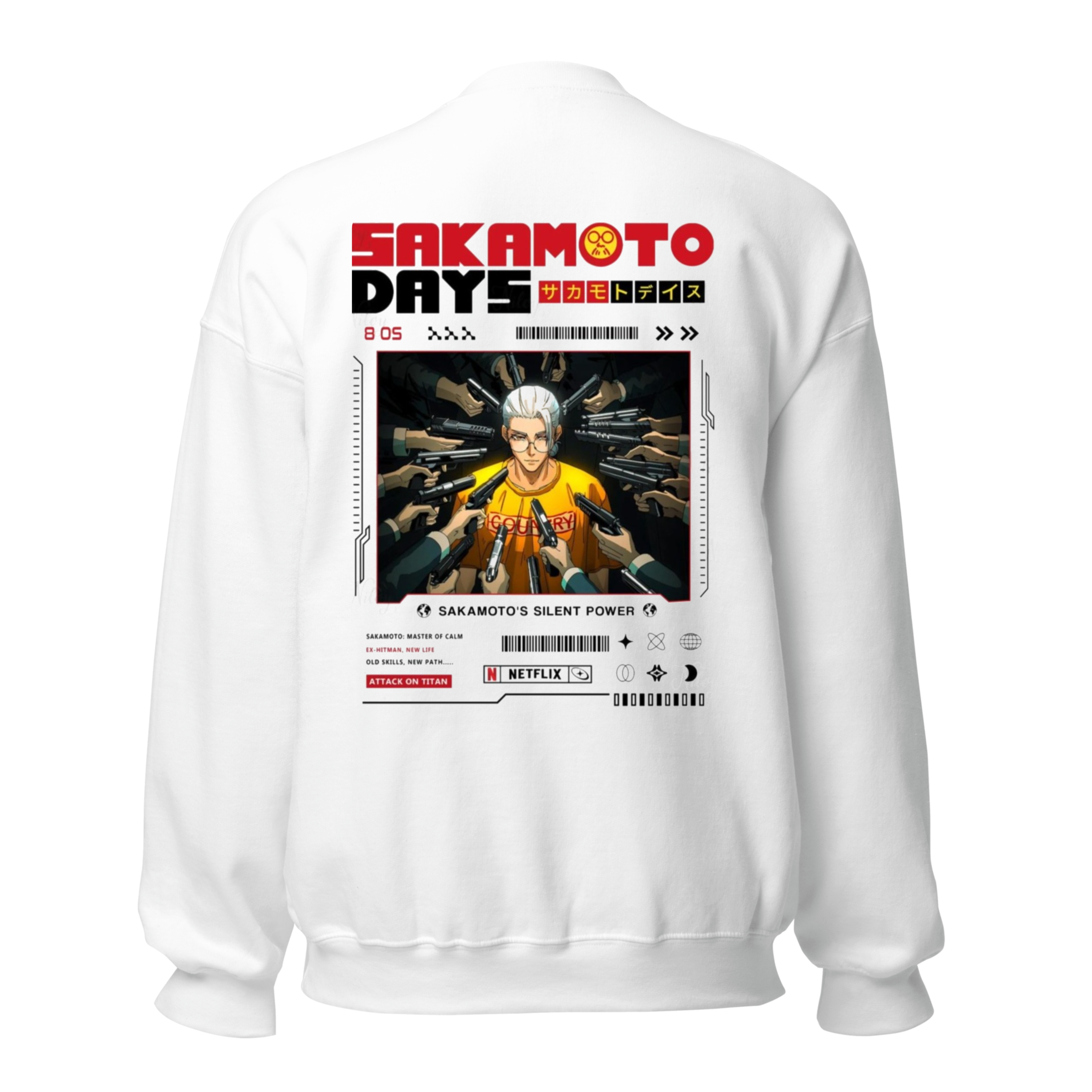 Sakamoto Days Anime Sweatshirt - White Crewneck with Character Card Design