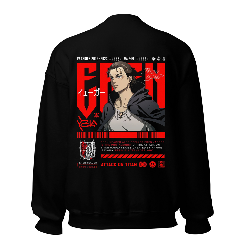 Attack on Titan Eren Yeager Sweatshirt - Black Crewneck with Scout Regiment Emblem
