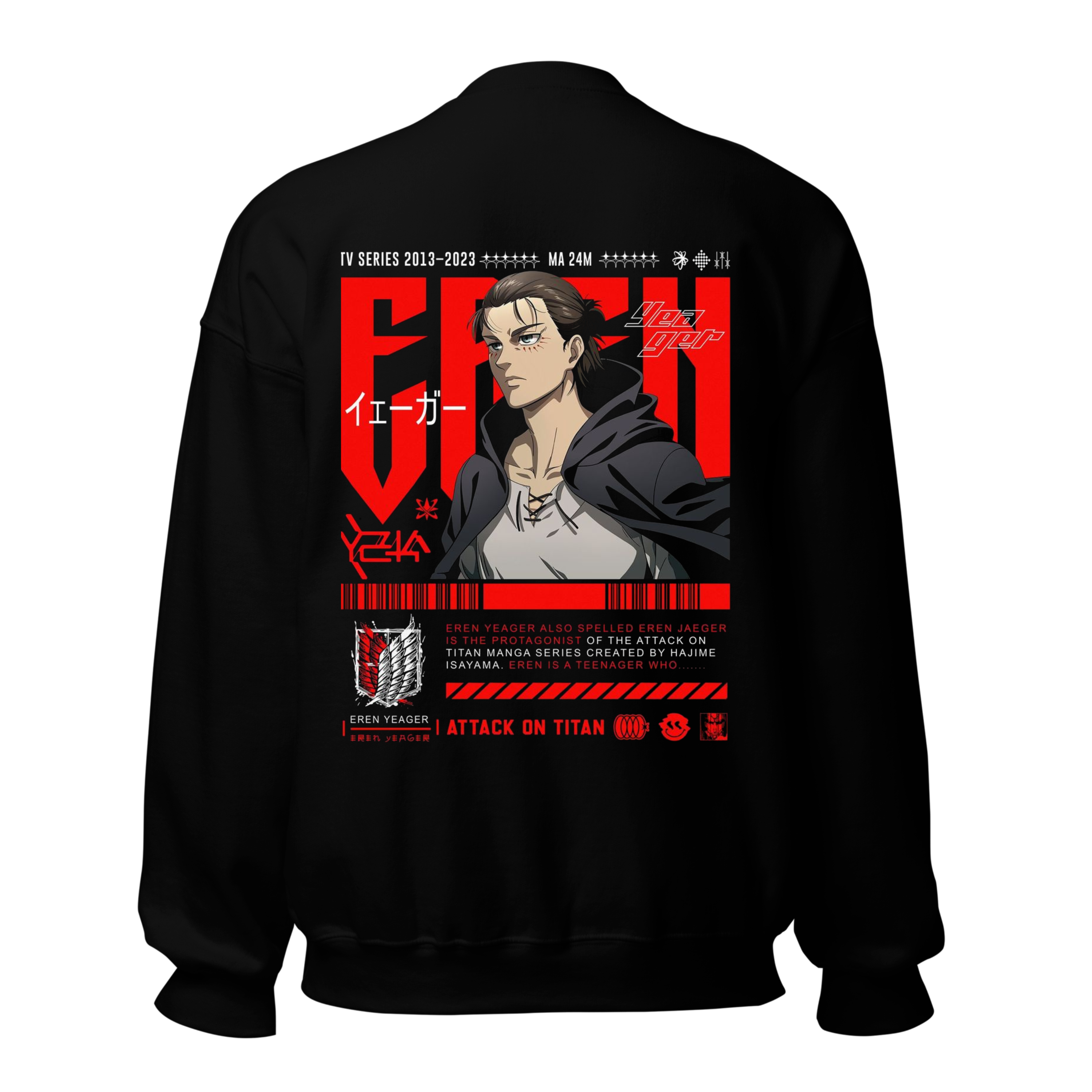 Attack on Titan Eren Yeager Sweatshirt - Black Crewneck with Scout Regiment Emblem